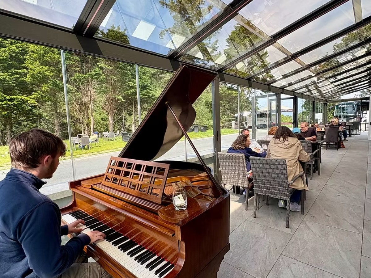 Man playing piano in glass-roofed patio with seated diners.