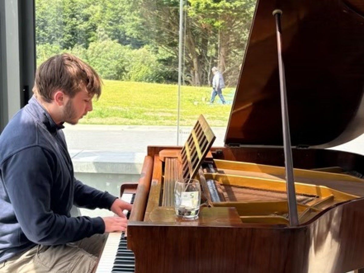 Person playing a wooden piano by a large window with trees outside.