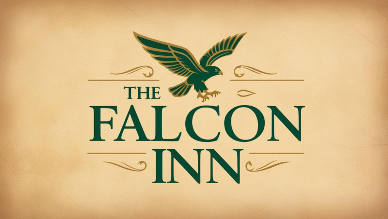Logo of The Falcon Inn with a stylized flying falcon.
